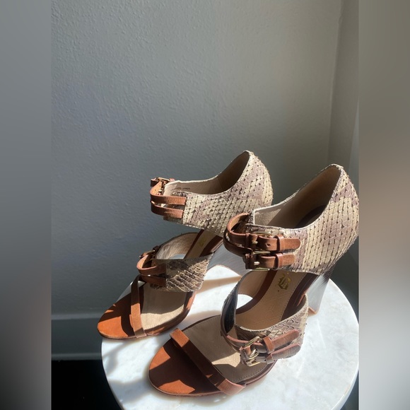L.A.M.B Women Tan Brown Platform Pumps Snake Embossed High Heels Sandals - Picture 7 of 7